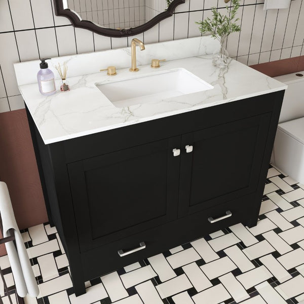 English Elm 43 Inch Fluted Matte Black Bathroom Vanity with Marble Top Ceramic Sink Soft Close Storage W509S00202