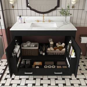 English Elm 43 Inch Fluted Matte Black Bathroom Vanity with Marble Top Ceramic Sink Soft Close Storage W509S00202