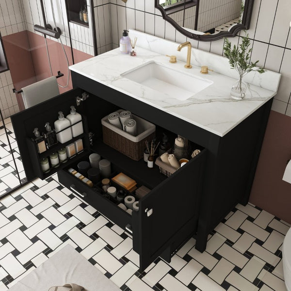 English Elm 43 Inch Fluted Matte Black Bathroom Vanity with Marble Top Ceramic Sink Soft Close Storage W509S00202