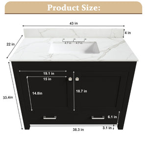 English Elm 43 Inch Fluted Matte Black Bathroom Vanity with Marble Top Ceramic Sink Soft Close Storage W509S00202