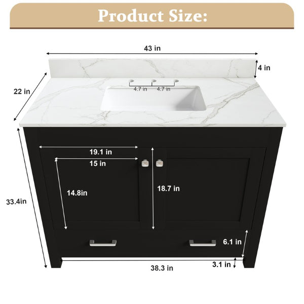 English Elm 43 Inch Fluted Matte Black Bathroom Vanity with Marble Top Ceramic Sink Soft Close Storage W509S00202