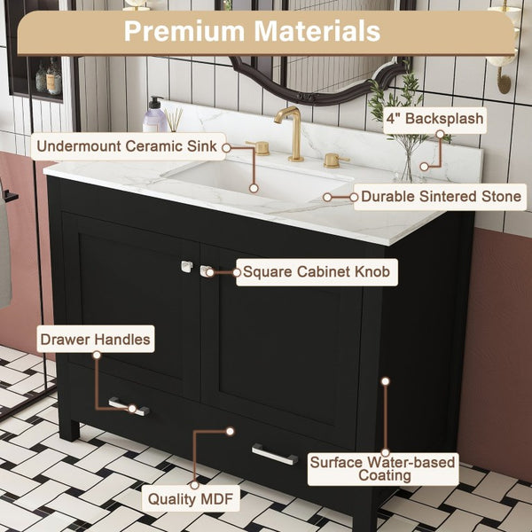English Elm 43 Inch Fluted Matte Black Bathroom Vanity with Marble Top Ceramic Sink Soft Close Storage W509S00202