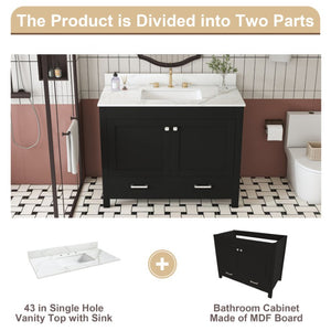 English Elm 43 Inch Fluted Matte Black Bathroom Vanity with Marble Top Ceramic Sink Soft Close Storage W509S00202