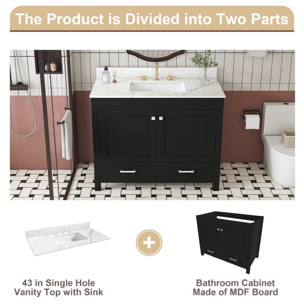 English Elm 43 Inch Fluted Matte Black Bathroom Vanity with Marble Top Ceramic Sink Soft Close Storage W509S00202