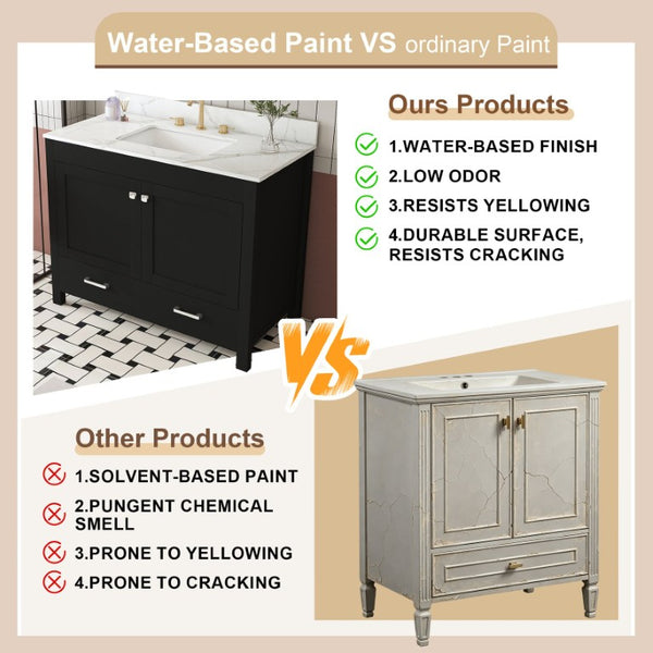 English Elm 43 Inch Fluted Matte Black Bathroom Vanity with Marble Top Ceramic Sink Soft Close Storage W509S00202