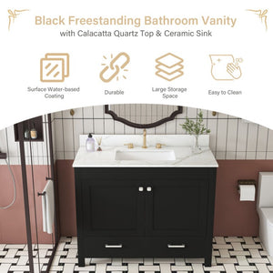 English Elm 43 Inch Fluted Matte Black Bathroom Vanity with Marble Top Ceramic Sink Soft Close Storage W509S00202