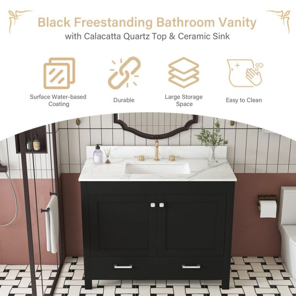 English Elm 43 Inch Fluted Matte Black Bathroom Vanity with Marble Top Ceramic Sink Soft Close Storage W509S00202