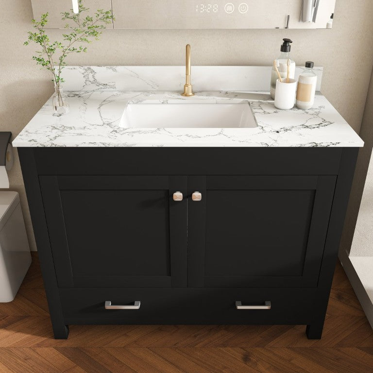 English Elm 43 Inch Matte Black Fluted Bathroom Vanity Marble Top Ceramic Sink Soft Close Doors W509S00203
