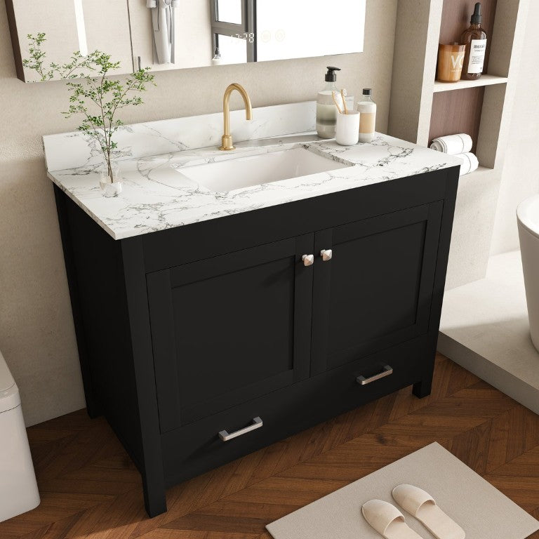 English Elm 43 Inch Matte Black Fluted Bathroom Vanity Marble Top Ceramic Sink Soft Close Doors W509S00203