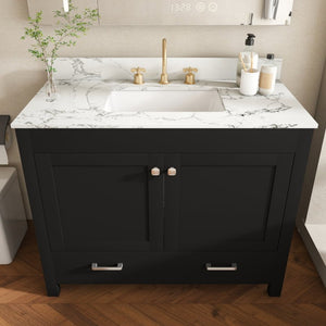 English Elm 43 Inch Fluted Matte Black Bathroom Vanity with Marble Top Ceramic Sink Soft-Close Storage W509S00204