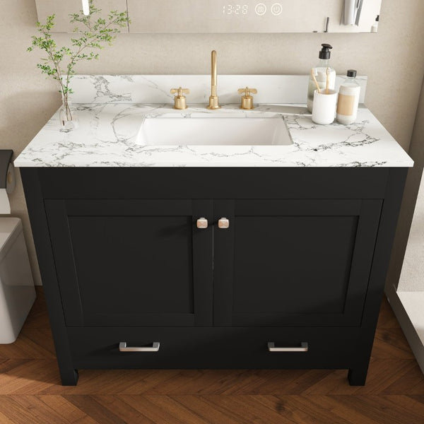 English Elm 43 Inch Fluted Matte Black Bathroom Vanity with Marble Top Ceramic Sink Soft-Close Storage W509S00204