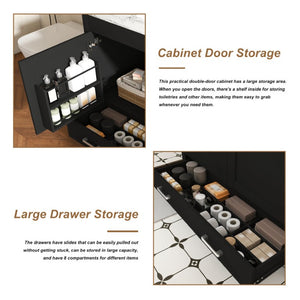 English Elm 43 Inch Fluted Matte Black Bathroom Vanity with Marble Top Ceramic Sink Soft-Close Storage W509S00204