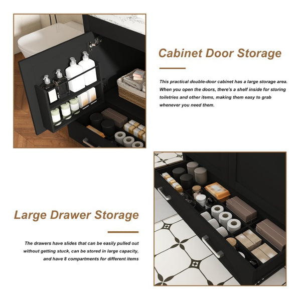English Elm 43 Inch Fluted Matte Black Bathroom Vanity with Marble Top Ceramic Sink Soft-Close Storage W509S00204