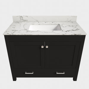 English Elm 43 Inch Fluted Matte Black Bathroom Vanity with Marble Top Ceramic Sink Soft-Close Storage W509S00204