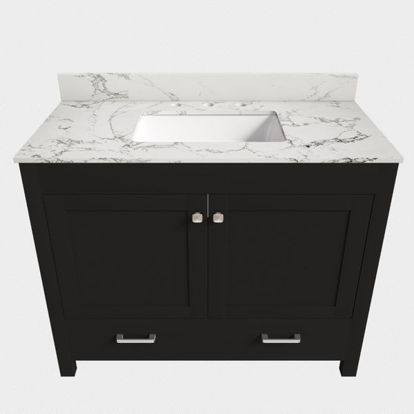 English Elm 43 Inch Fluted Matte Black Bathroom Vanity with Marble Top Ceramic Sink Soft-Close Storage W509S00204