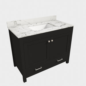 English Elm 43 Inch Fluted Matte Black Bathroom Vanity with Marble Top Ceramic Sink Soft-Close Storage W509S00204