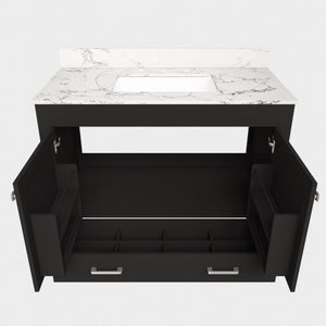 English Elm 43 Inch Fluted Matte Black Bathroom Vanity with Marble Top Ceramic Sink Soft-Close Storage W509S00204