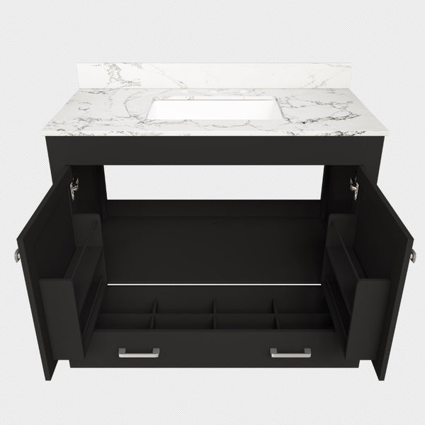 English Elm 43 Inch Fluted Matte Black Bathroom Vanity with Marble Top Ceramic Sink Soft-Close Storage W509S00204