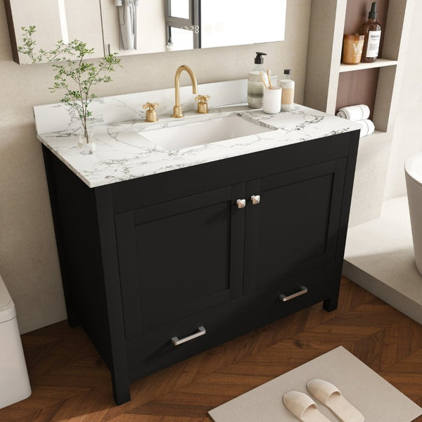 English Elm 43 Inch Fluted Matte Black Bathroom Vanity with Marble Top Ceramic Sink Soft-Close Storage W509S00204