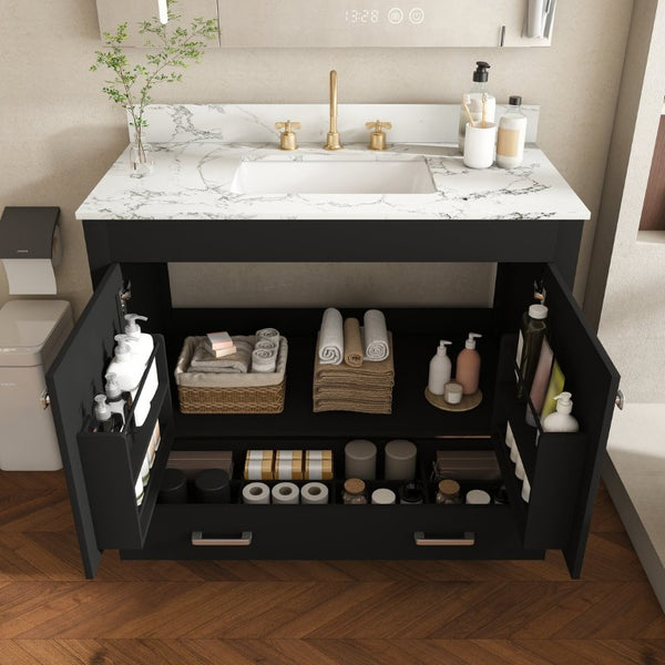 English Elm 43 Inch Fluted Matte Black Bathroom Vanity with Marble Top Ceramic Sink Soft-Close Storage W509S00204