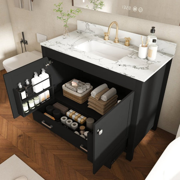 English Elm 43 Inch Fluted Matte Black Bathroom Vanity with Marble Top Ceramic Sink Soft-Close Storage W509S00204