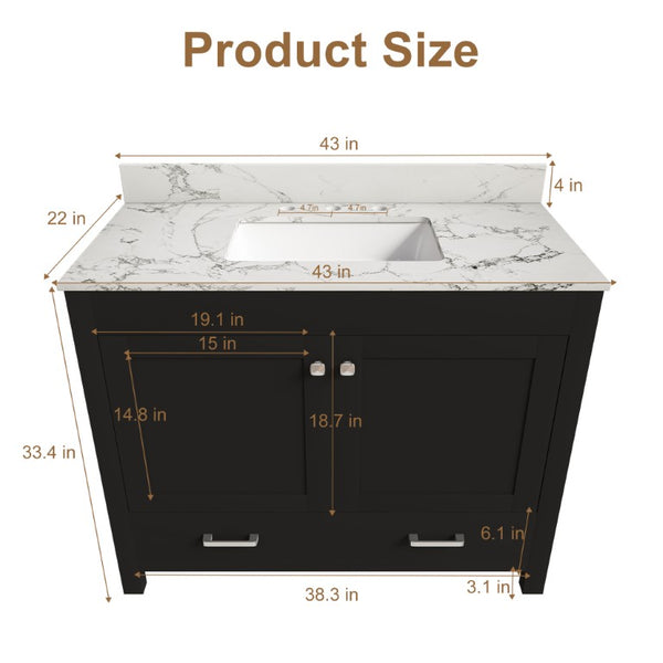 English Elm 43 Inch Fluted Matte Black Bathroom Vanity with Marble Top Ceramic Sink Soft-Close Storage W509S00204