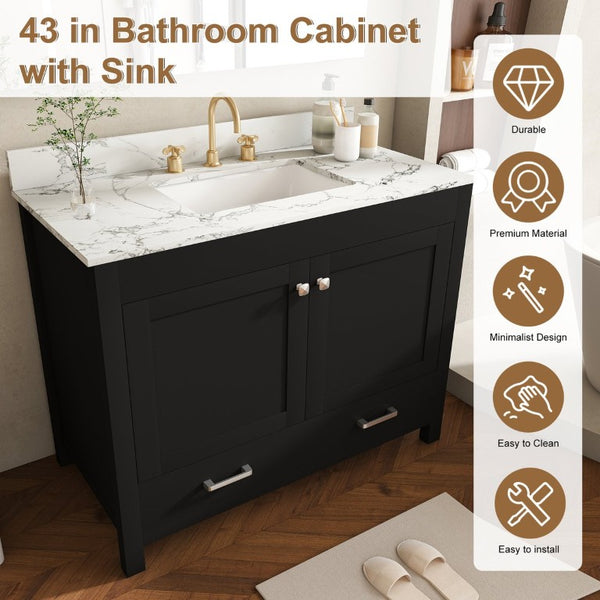 English Elm 43 Inch Fluted Matte Black Bathroom Vanity with Marble Top Ceramic Sink Soft-Close Storage W509S00204