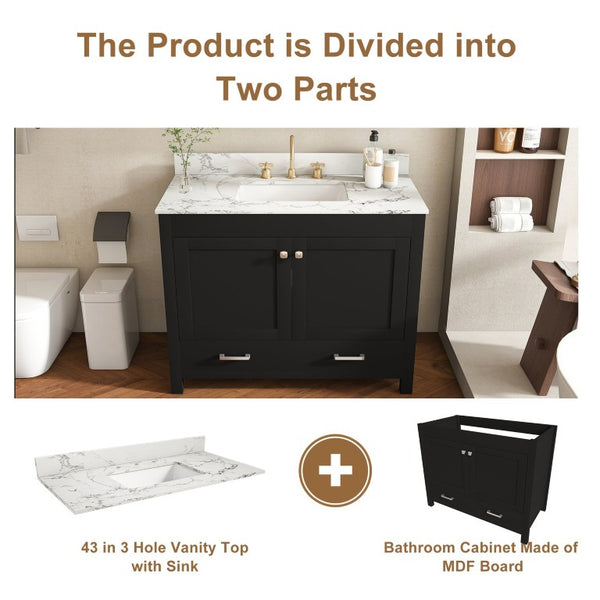 English Elm 43 Inch Fluted Matte Black Bathroom Vanity with Marble Top Ceramic Sink Soft-Close Storage W509S00204