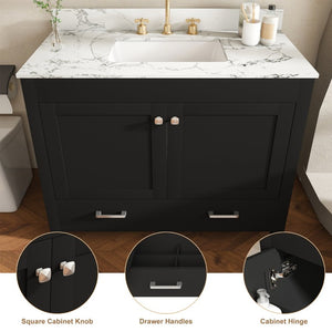English Elm 43 Inch Fluted Matte Black Bathroom Vanity with Marble Top Ceramic Sink Soft-Close Storage W509S00204