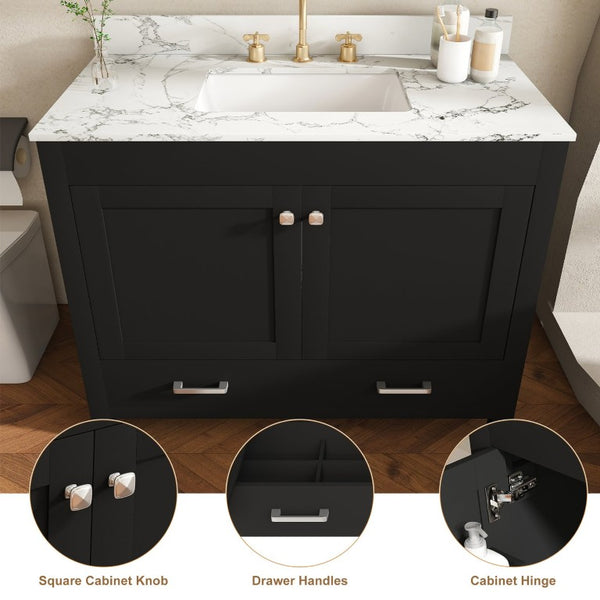English Elm 43 Inch Fluted Matte Black Bathroom Vanity with Marble Top Ceramic Sink Soft-Close Storage W509S00204