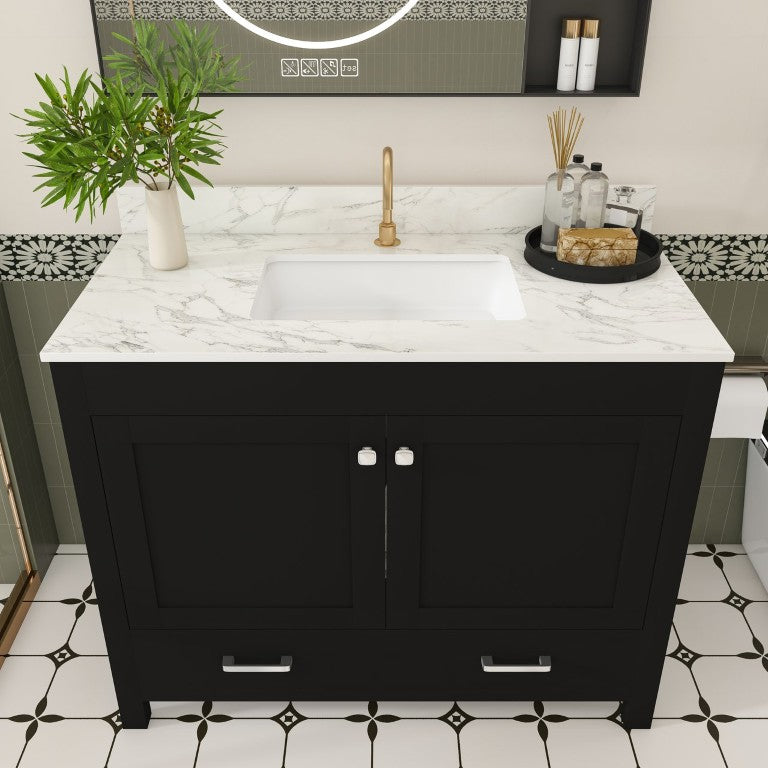 English Elm 43 Inch Modern Bathroom Vanity Sintered Stone Top Soft Close Wood Grain Matte Black W509S00205