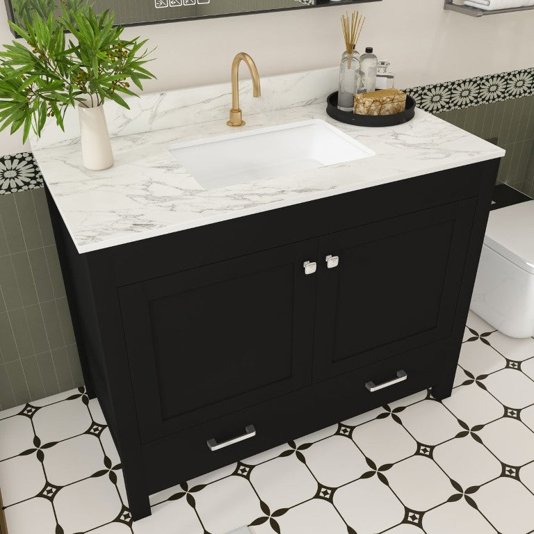English Elm 43 Inch Modern Bathroom Vanity Sintered Stone Top Soft Close Wood Grain Matte Black W509S00205