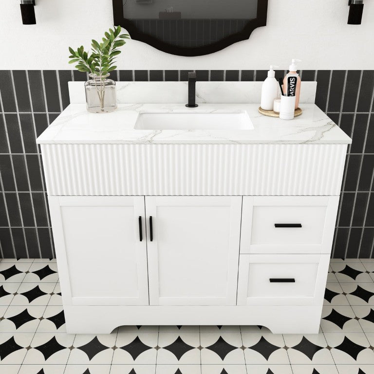 English Elm 43 Inch Fluted Bathroom Vanity with Marble Top Undermount Sink and Soft Close Storage W509S00207
