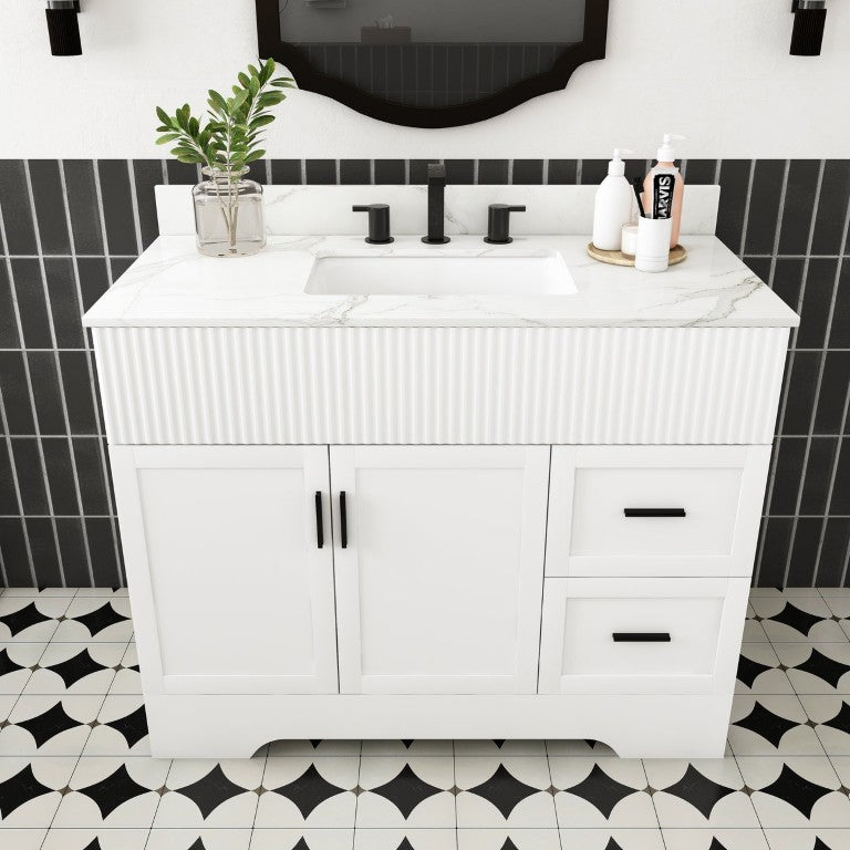 English Elm 43 Inch Modern Bathroom Vanity with Marble Top Fluted Doors and Soft Close Storage W509S00208