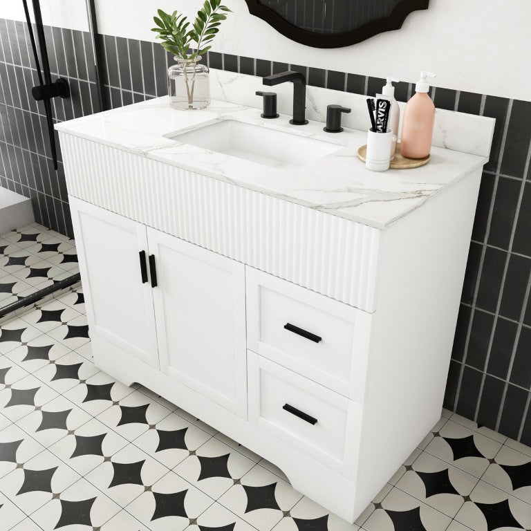 English Elm 43 Inch Modern Bathroom Vanity with Marble Top Fluted Doors and Soft Close Storage W509S00208