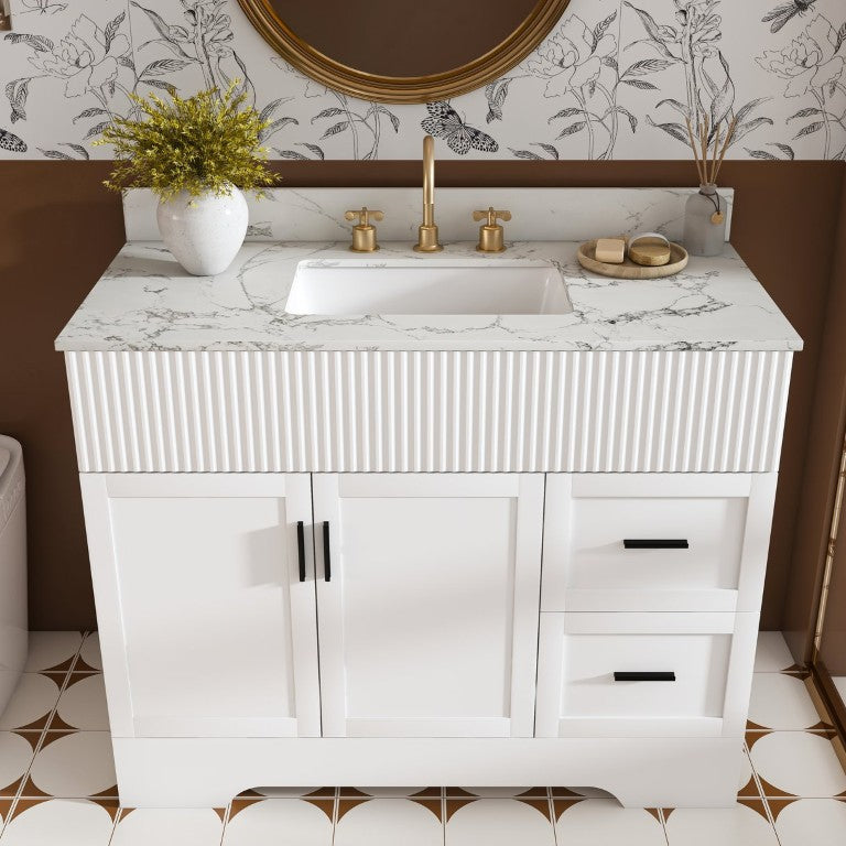 English Elm 43 Inch Fluted Bathroom Vanity with Marble Top Ceramic Sink and Soft Close Storage W509S00210