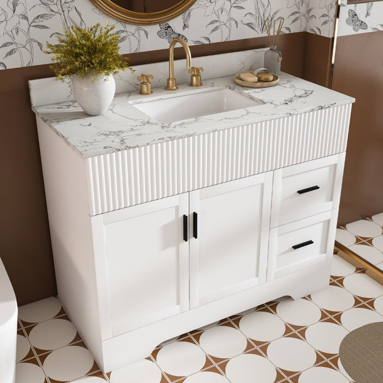 English Elm 43 Inch Fluted Bathroom Vanity with Marble Top Ceramic Sink and Soft Close Storage W509S00210