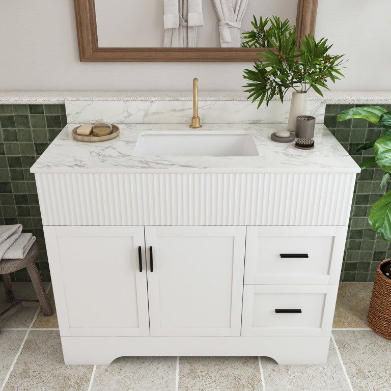 English Elm 43 Inch Fluted Bathroom Vanity Set with Marble Top Ceramic Sink and Wood Grain MDF W509S00211