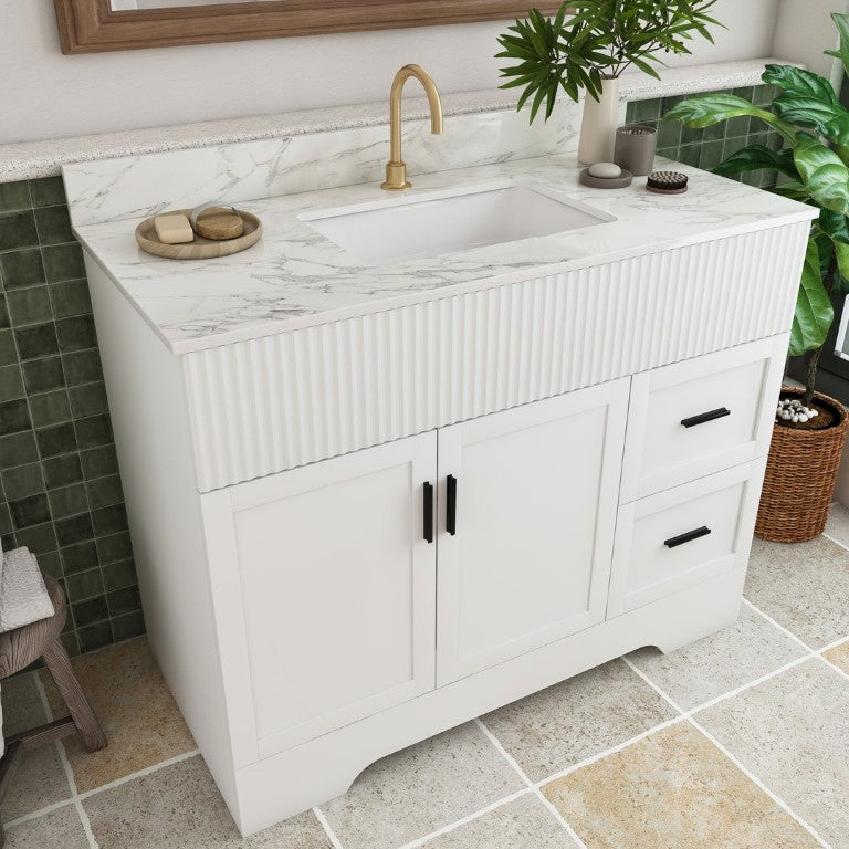 English Elm 43 Inch Fluted Bathroom Vanity Set with Marble Top Ceramic Sink and Wood Grain MDF W509S00211