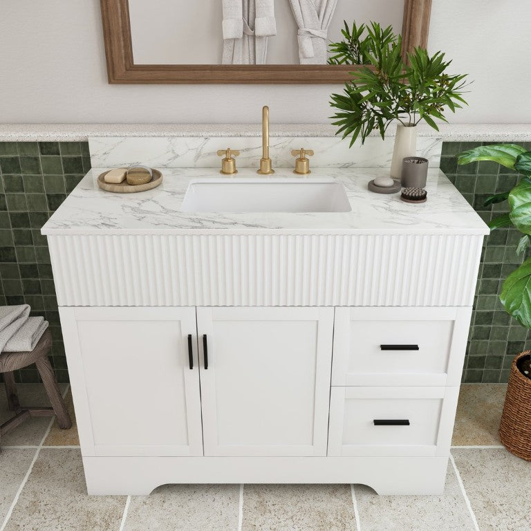 English Elm 43 Inch Spa Style Bathroom Vanity Fluted Doors Marble Top Integrated Ceramic Sink W509S00212