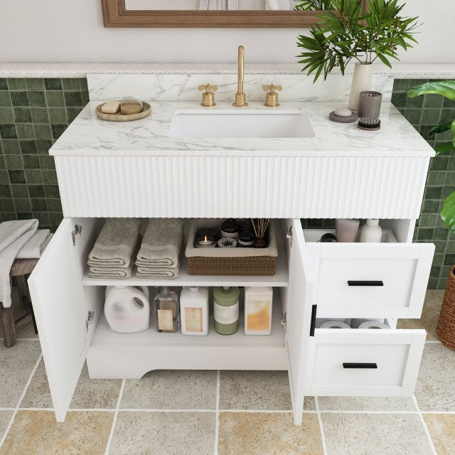 English Elm 43 Inch Spa Style Bathroom Vanity Fluted Doors Marble Top Integrated Ceramic Sink W509S00212