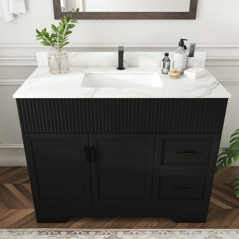 English Elm 43 Inch Fluted Matte Black Bathroom Vanity with Marble Top Soft Close Storage Included W509S00213