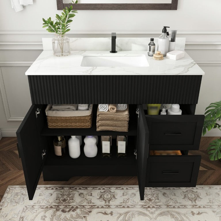 English Elm 43 Inch Fluted Matte Black Bathroom Vanity with Marble Top Soft Close Storage Included W509S00213