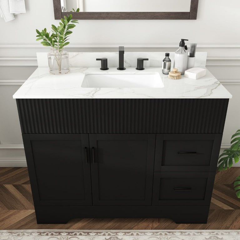 English Elm 43 Inch Modern Bathroom Vanity with Marble Top Fluted Doors Soft Close Sink Included W509S00214