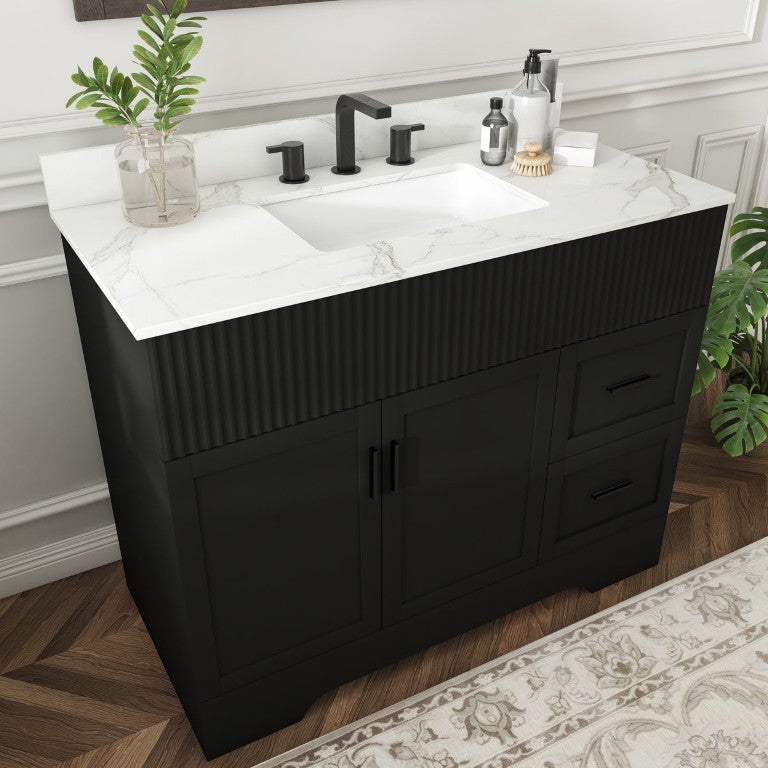 English Elm 43 Inch Modern Bathroom Vanity with Marble Top Fluted Doors Soft Close Sink Included W509S00214