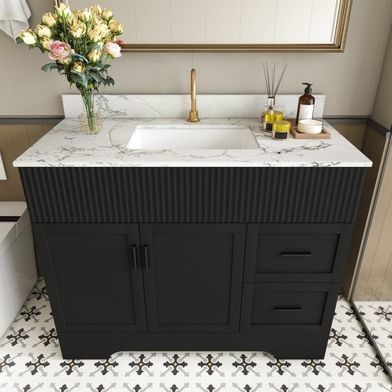 English Elm 43 Inch Fluted Bathroom Vanity Matte Black Marble Top Ceramic Sink Soft Close Cabinet W509S00215