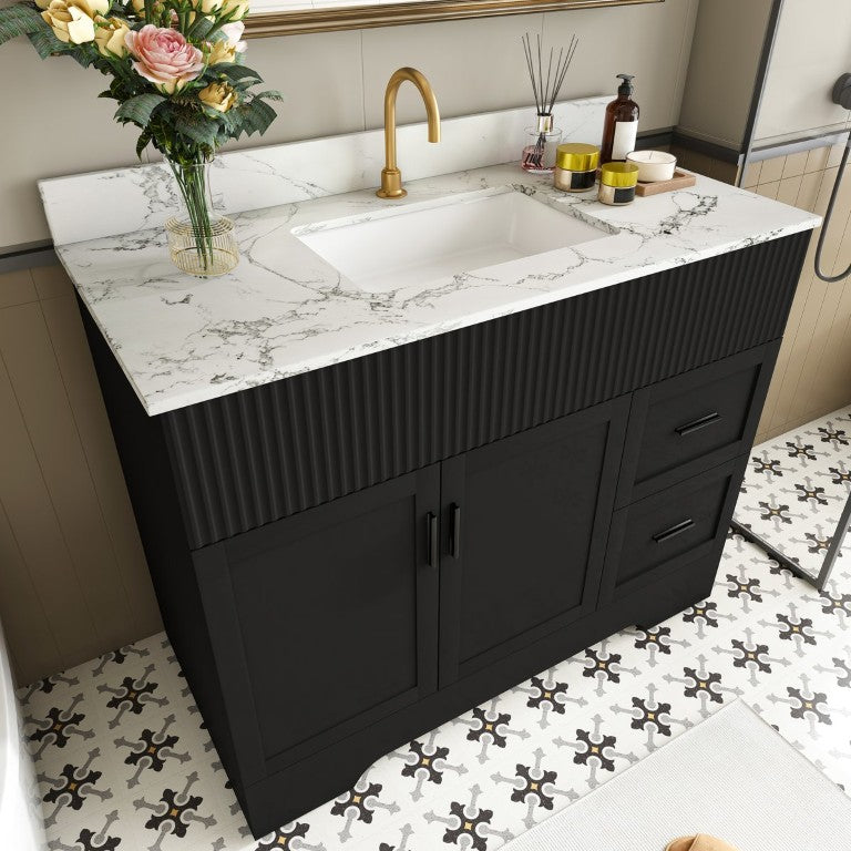 English Elm 43 Inch Fluted Bathroom Vanity Matte Black Marble Top Ceramic Sink Soft Close Cabinet W509S00215