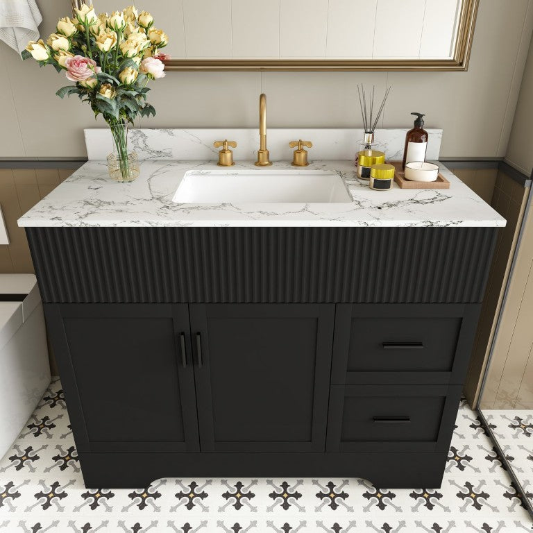 English Elm 43 Inch Modern Fluted Vanity Matte Black Marble Surface Ceramic Sink Soft Close W509S00216