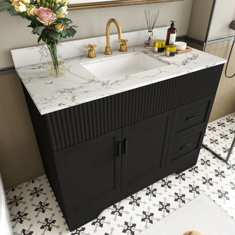 English Elm 43 Inch Modern Fluted Vanity Matte Black Marble Surface Ceramic Sink Soft Close W509S00216