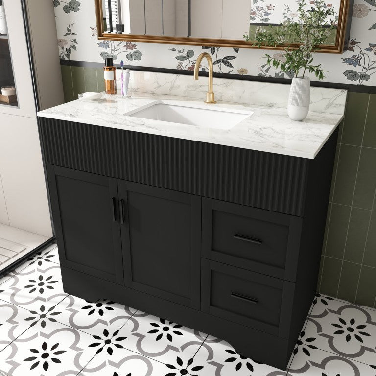 English Elm 43 Inch Modern Bathroom Vanity Fluted Cabinet Sintered Stone Top Soft Close Storage W509S00217